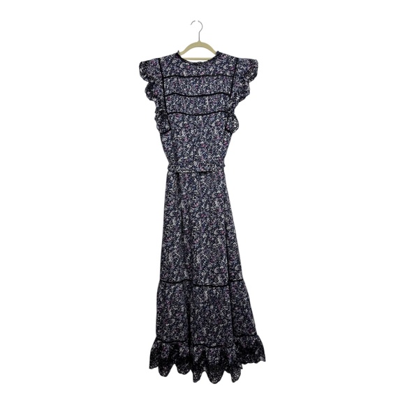 Rails Sofie Dress Sz L Navy MicroFloral Print Black Lace Frill Sleeve Midi Lined - Picture 2 of 2